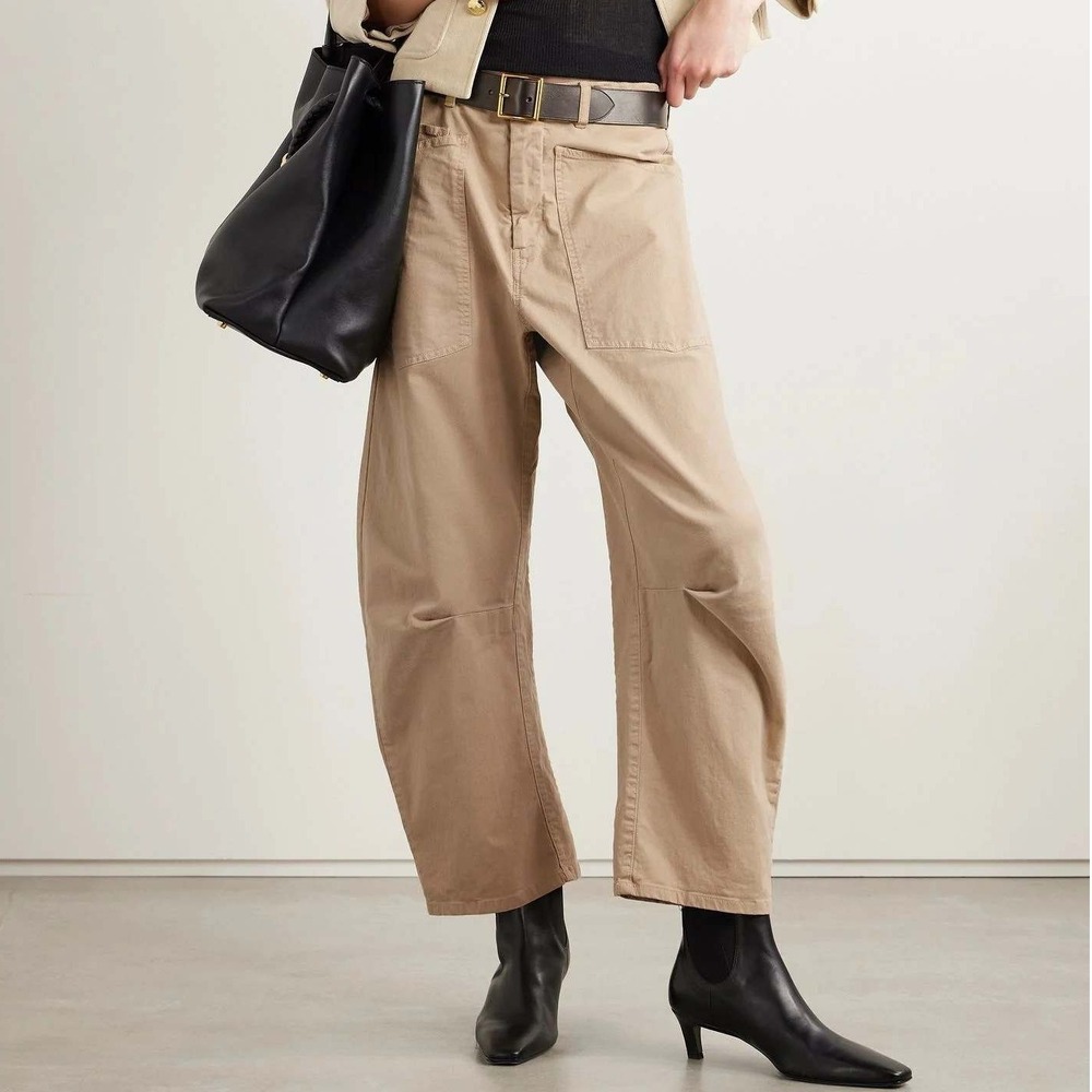 Nili Lotan Shon Cotton Twill Tapered Pants Barrel Leg Beige Khaki Size 8